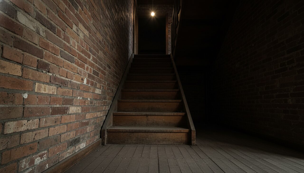 An empty staircase in the building, exposed brick, a single bare bulb. Janet Mackey said she was pushed down stairs like these.