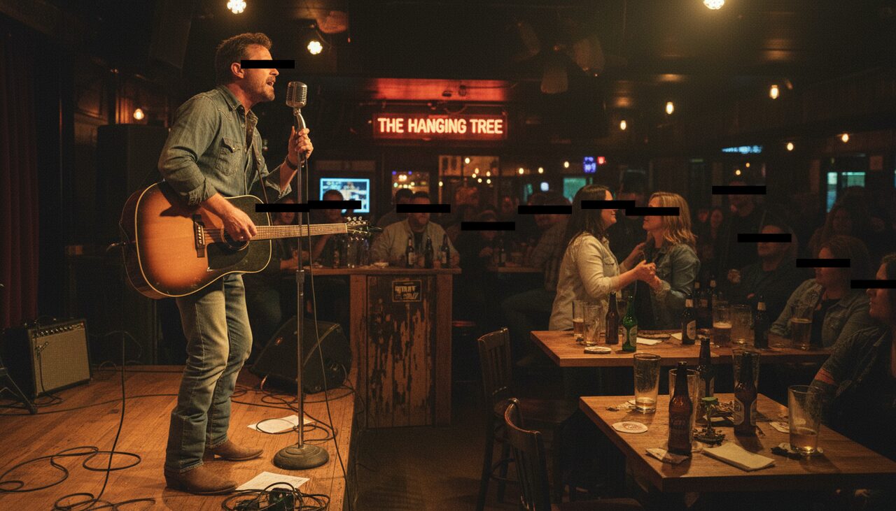Mackey mid-song, an ordinary Saturday crowd behind him. Everything upstairs is normal. That's the arrangement.