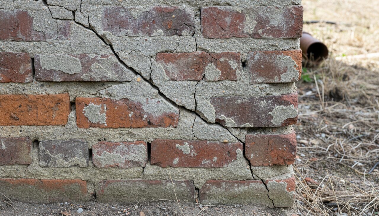 Settling cracks in old brick and mortar, photographed in daylight. The mundane explanation, documented.