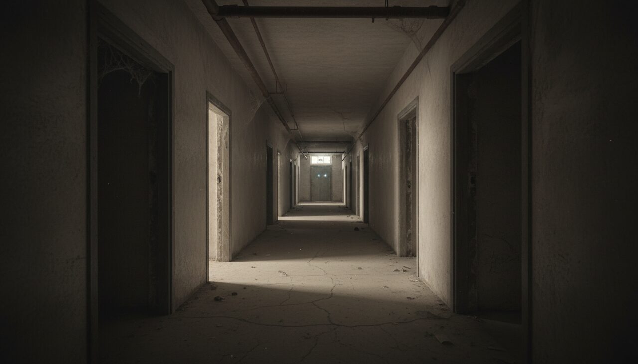 A long, dark basement hallway, multiple doorways receding into shadow. New staff keep describing the same corner.