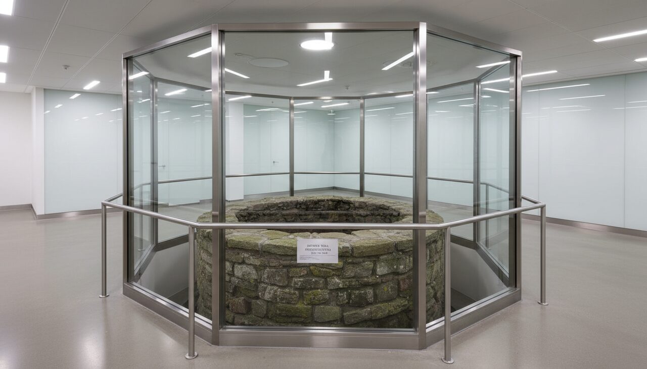 A preserved well shaft behind thick plexiglass in clean, modern construction. The contrast is the whole story.