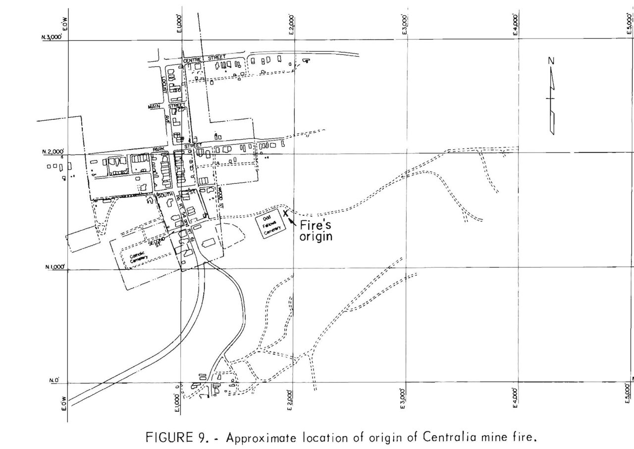 Figure 9 of the Bureau of Mines report on the fire: the approximate origin, marked with an X at the corner of the Odd Fellows Cemetery.