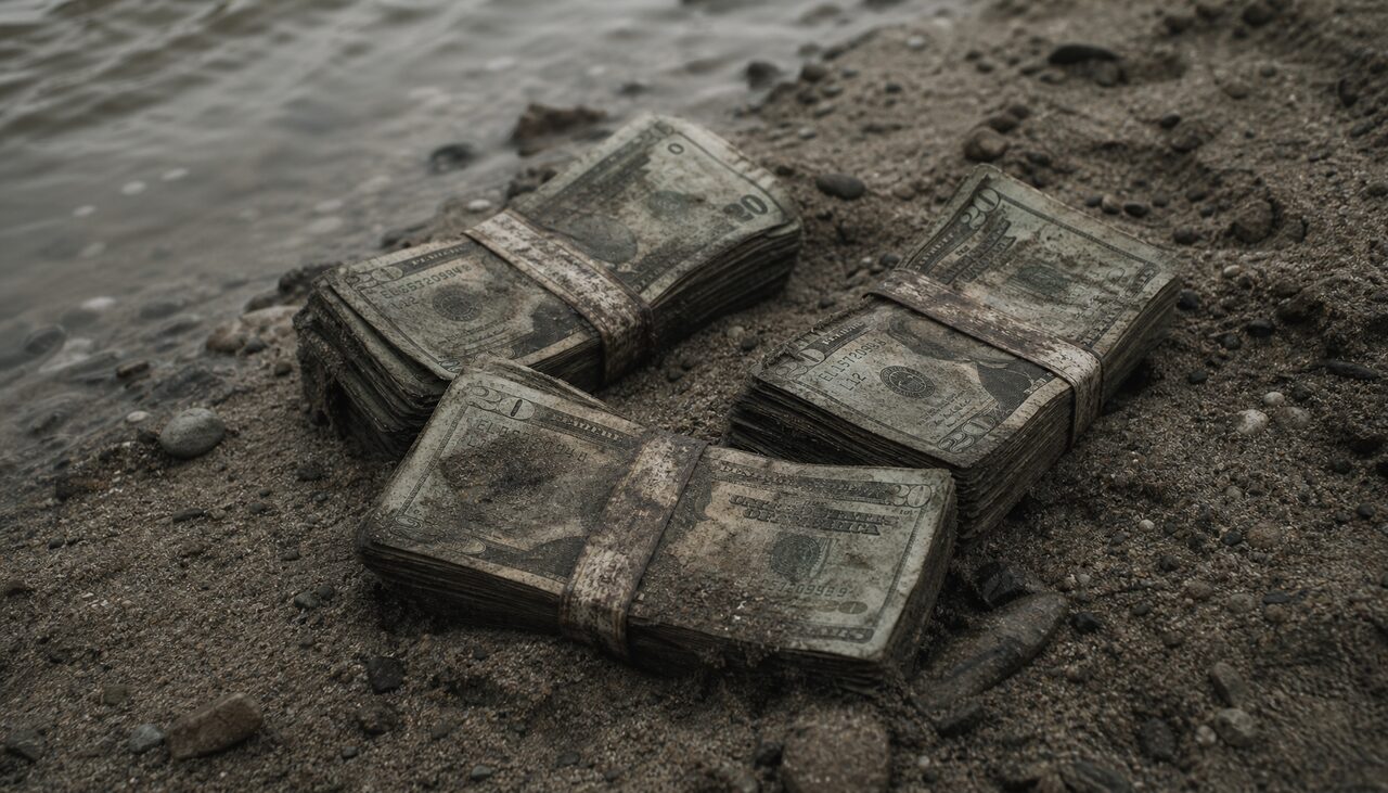 Three banded bundles of decaying twenties, half-buried in river sand. The serial numbers matched. Nothing else about them did.