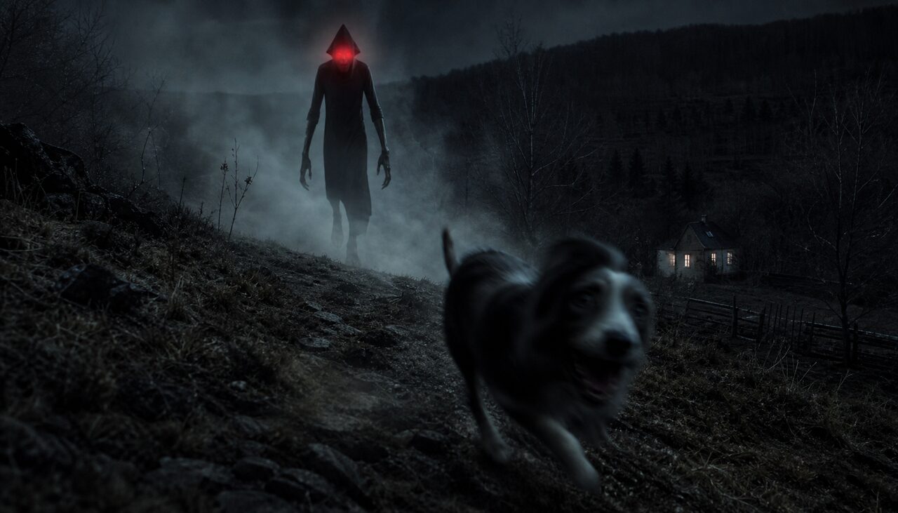 Looking back up the slope, at the edge of the flashlight beam. The whole encounter lasted seconds.