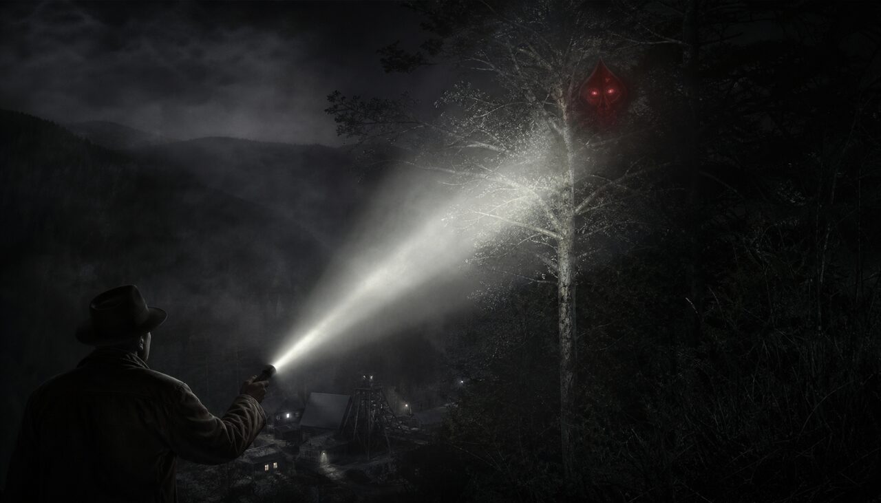 The flashlight found two eyes first, high in a tree, through the mist. Then the rest of it.