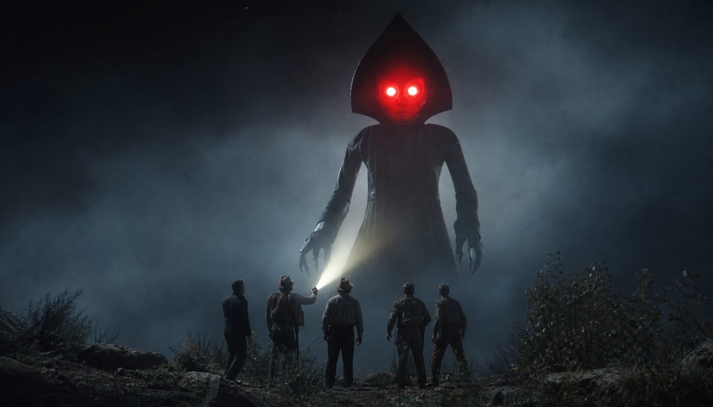 Ten feet tall, a blood-red face, a head like the ace of spades, and a body that read — to seven separate people — as a pleated skirt. This is the thing they described.