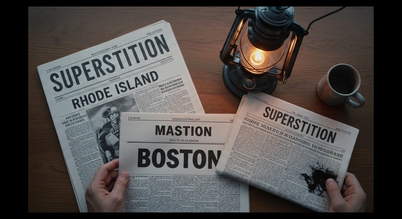 Newspapers spread across a desk: SUPERSTITION, RHODE ISLAND, BACKWATER.