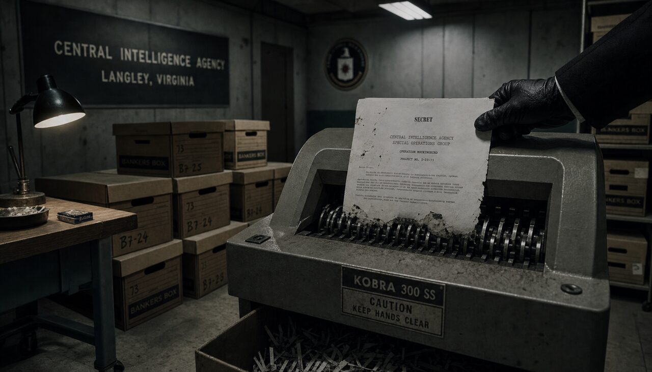 A document feeding into the shredder at Langley, 1973. The order was followed.