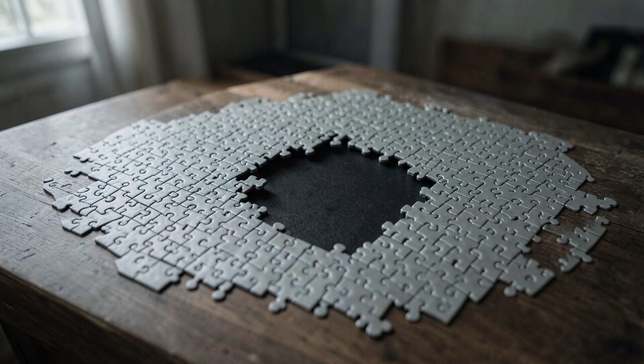 A partly finished jigsaw puzzle with a gap at the center, bare table showing through. The clinical model explains a great deal. Not everything.