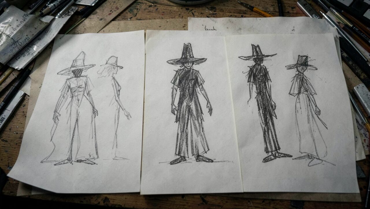 Several pencil-and-ink sketches of the figure, each in a different hand — some careful, some childlike. Same silhouette. Same hat.