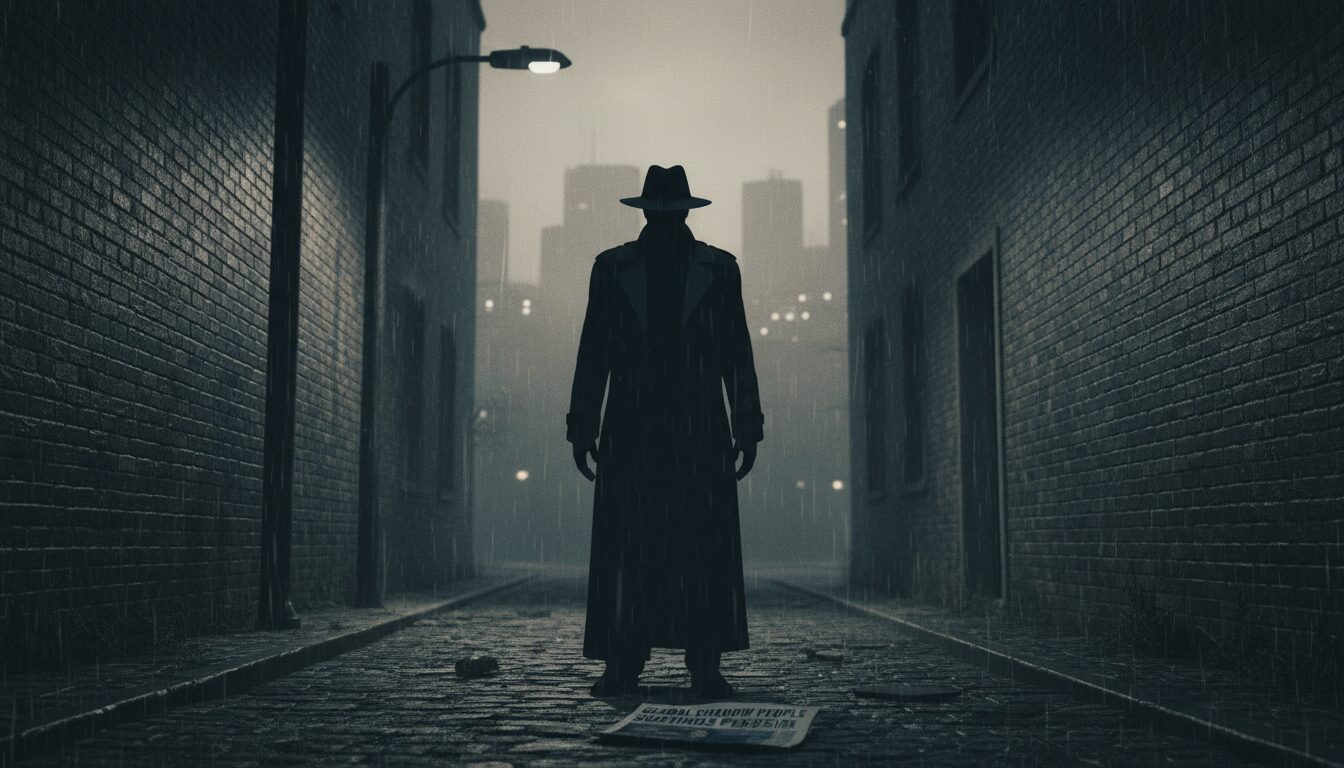 The complete figure, out in the open and in no particular hurry — long coat, wide-brimmed hat, both hands empty. This is the thing the reports describe.