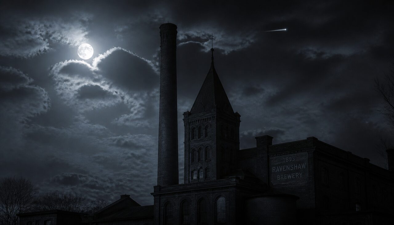 The brewery tower — the tallest thing in the neighborhood, and by Lowery's account the obstacle the crew were trying to clear.