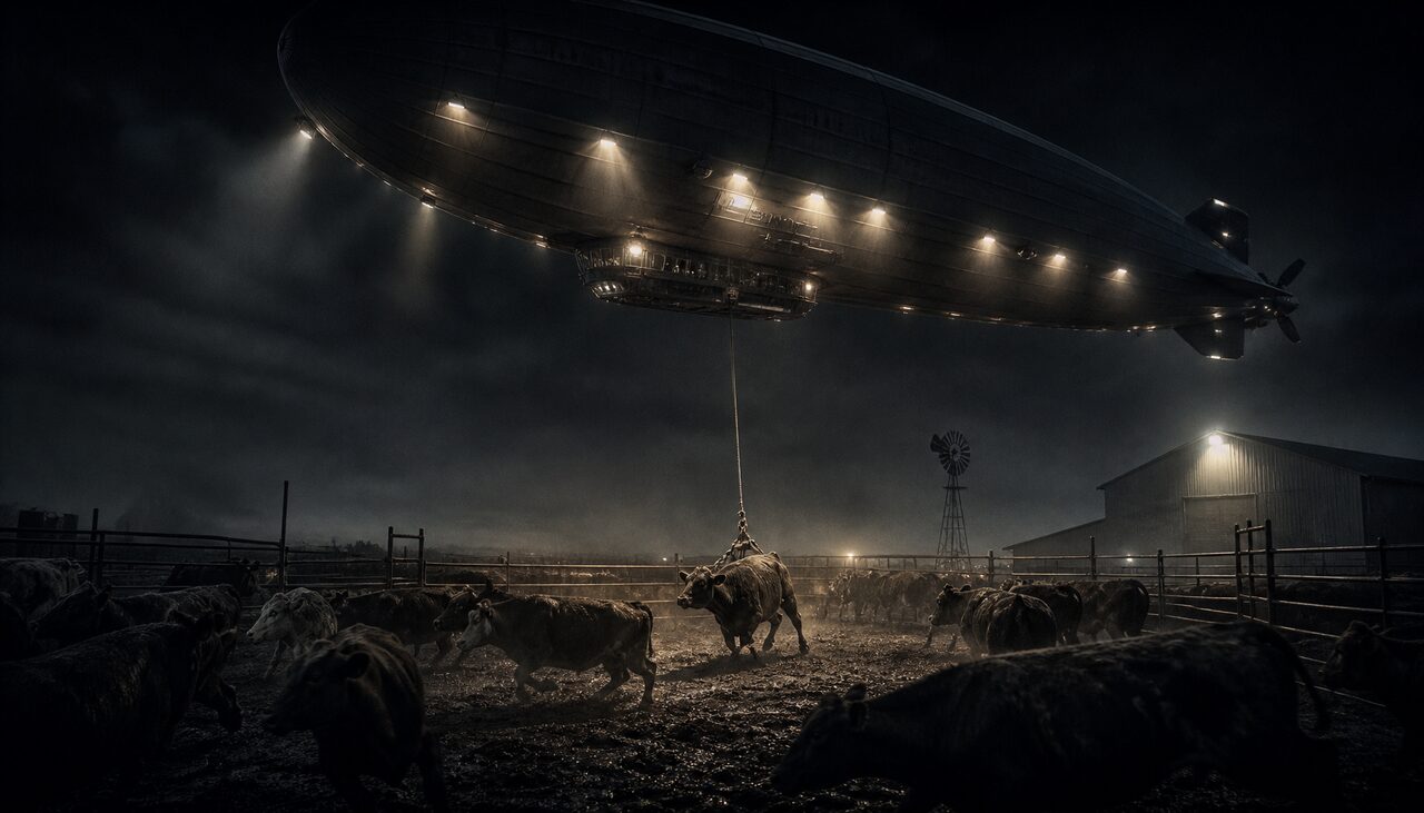 Hamilton's account: a cable lowered into a cattle pen, and one heifer that did not come back.