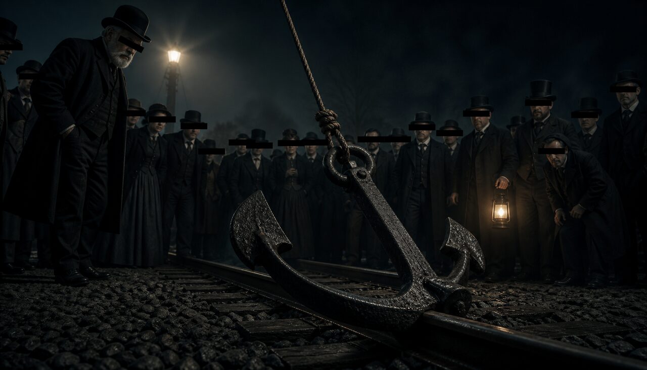 An anchor snagged on a railroad rail, a rope running up into the dark, and a crowd waiting to see who would come down it.