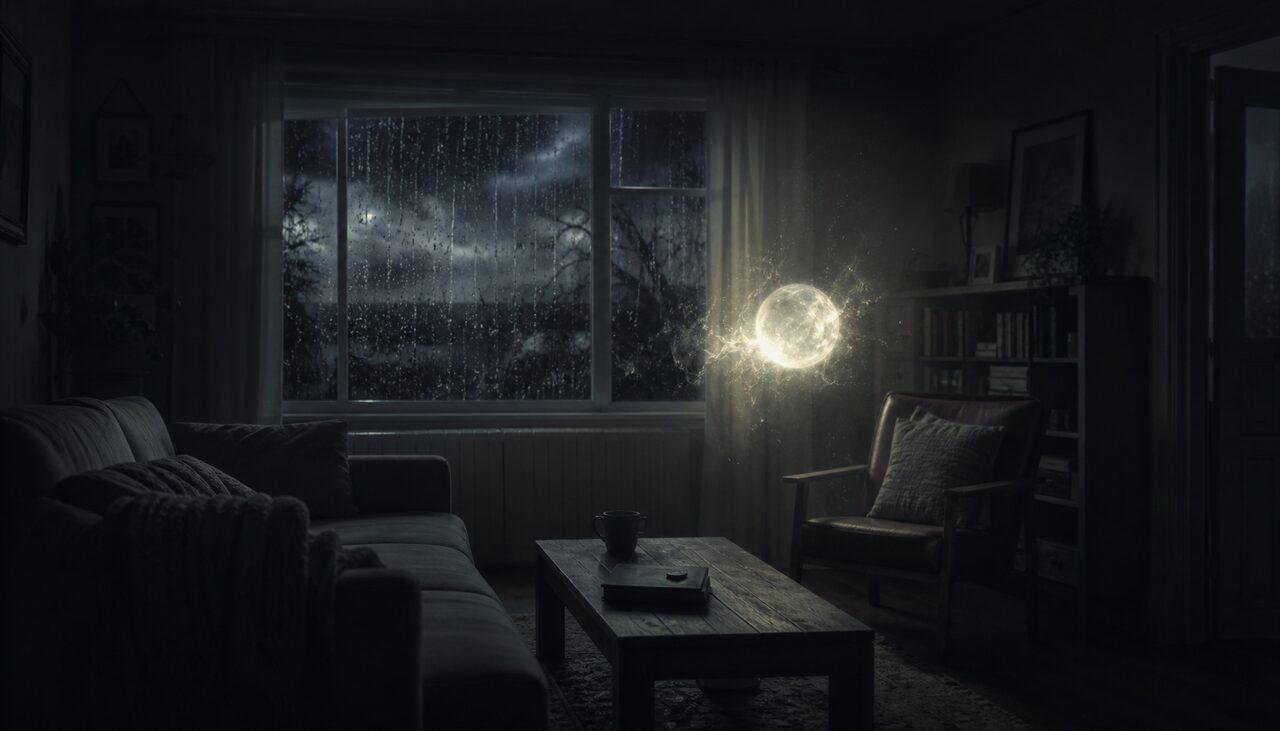 A glowing sphere crossing a darkened living room during a storm. About the size of a grapefruit. Reported, repeatedly, by people who were not asked.