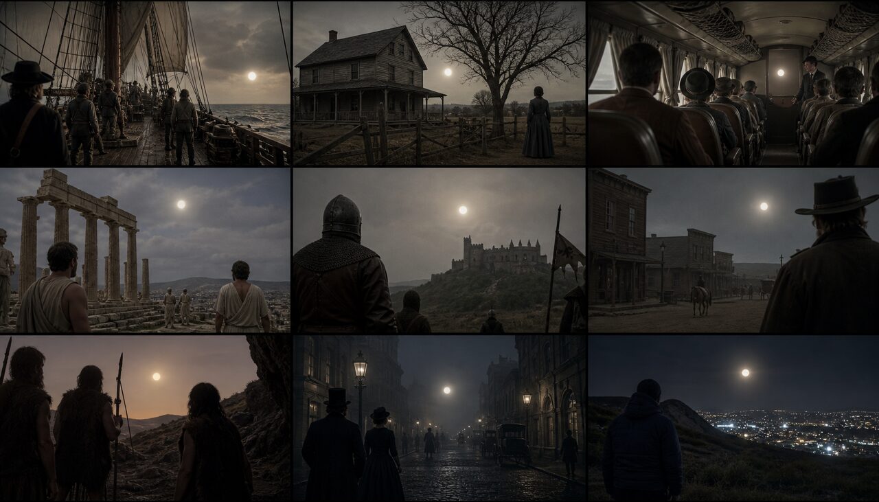 Sightings across eras and vehicles: a ship, a farmhouse, an aircraft cabin. The same orb, filed by people with nothing in common except the orb.