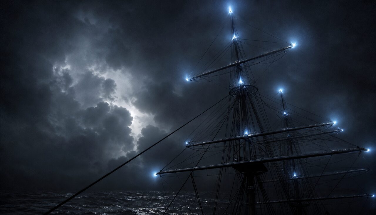 Saint Elmo's fire on a ship's spars: a bluish glow that stays put. The honest half of the old reports. Not the interesting half.