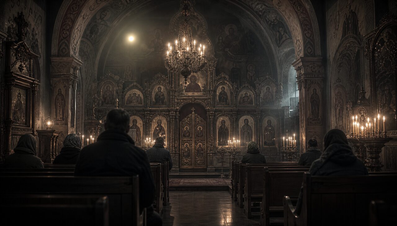 A candlelit Orthodox chapel with a faint glowing ball near the chandelier. The congregation, by one account, declined to panic.