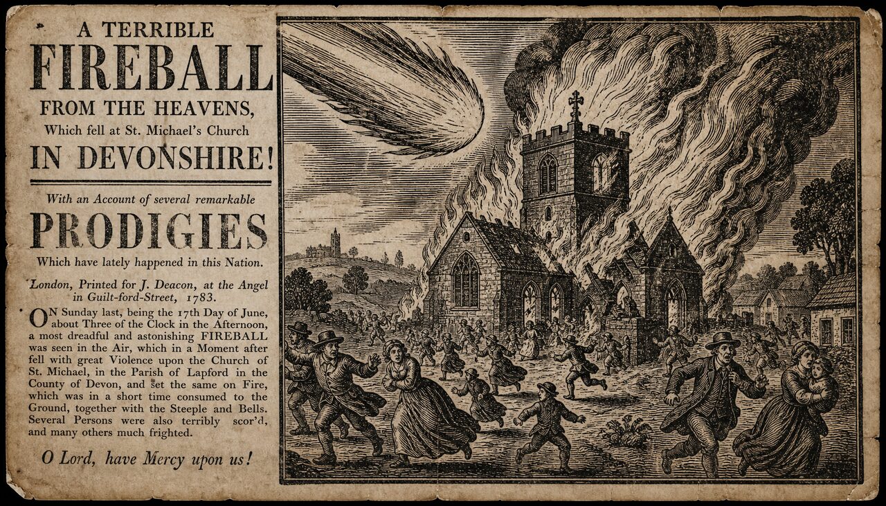 A period pamphlet woodcut of a fireball striking a church, flames exaggerated, figures fleeing. The frightening parts, turned up for sale.