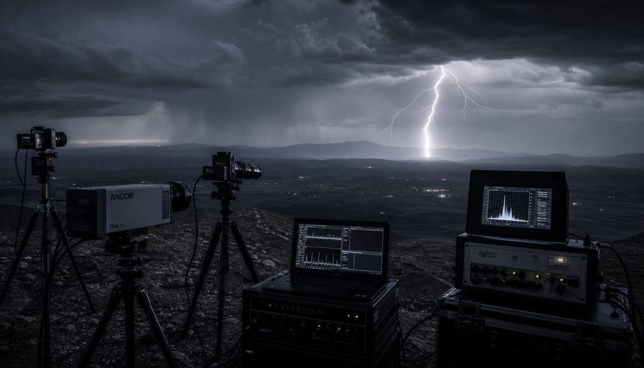 Lightning-research cameras and spectrographs on a high plateau at night, a strike in the distance. The instruments were pointed at the wrong thing, which turned out to be the right thing.