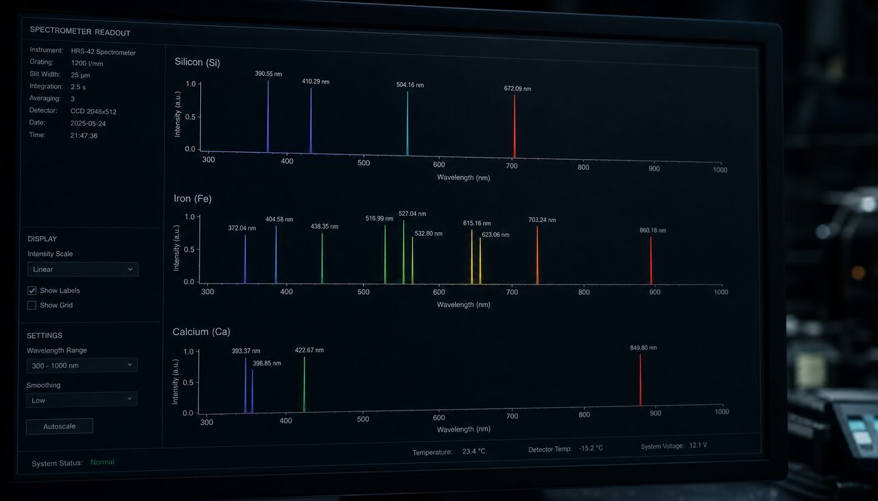 A spectrometer readout with emission lines labeled silicon, iron, and calcium. The chemical signature of dirt, glowing.