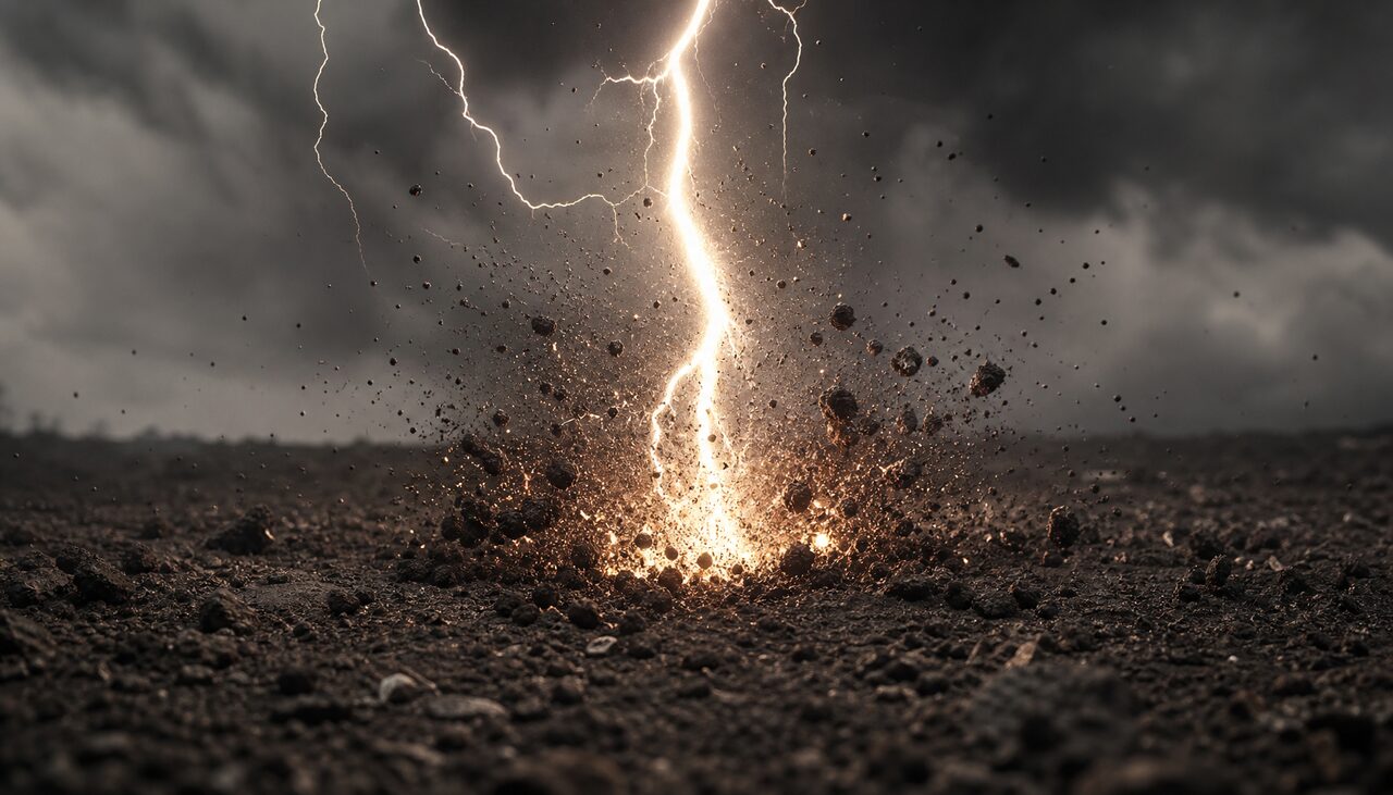 A lightning bolt striking bare soil, a spray of glowing particles rising. The leading theory, working perfectly, for the cases it works on.