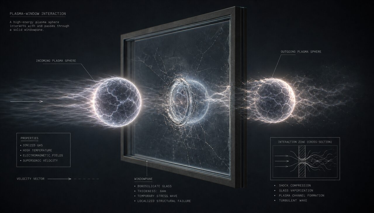 A physics-illustration sphere of plasma passing through a windowpane. A theory that solves the window and loses the soil.