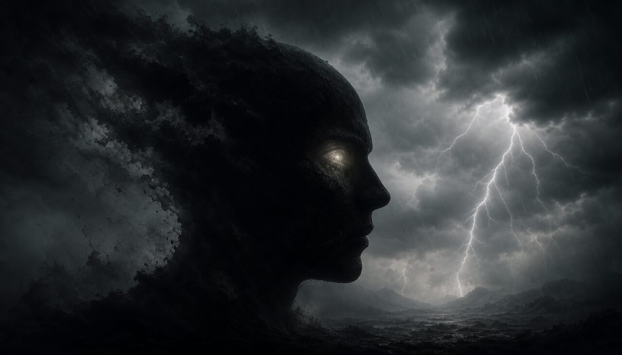A head in profile during a storm, a faint glow suggested behind the eye. In this theory, the orb is not in the room. It is in the witness.