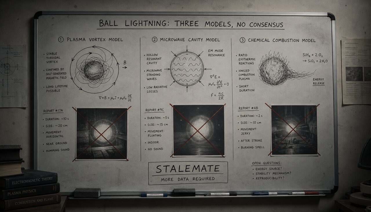 A whiteboard with three competing diagrams, each beside a report it cannot explain. A stalemate, drawn in marker.