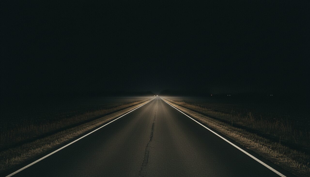 A dark two-lane stretch of Bray Road at night. Empty blacktop, a roadside ditch, and the part of the story everyone agrees on.