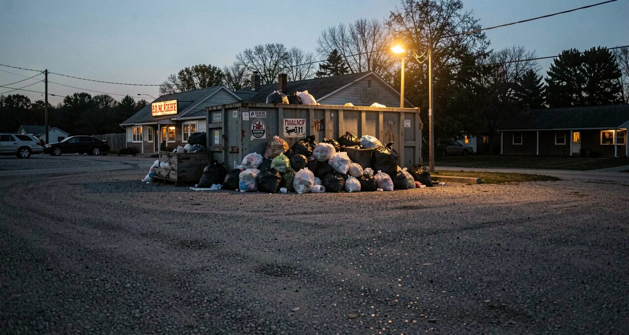 A dumpster behind a small-town bar at dusk, one buzzing security light. The creature's reported habitat, more or less.