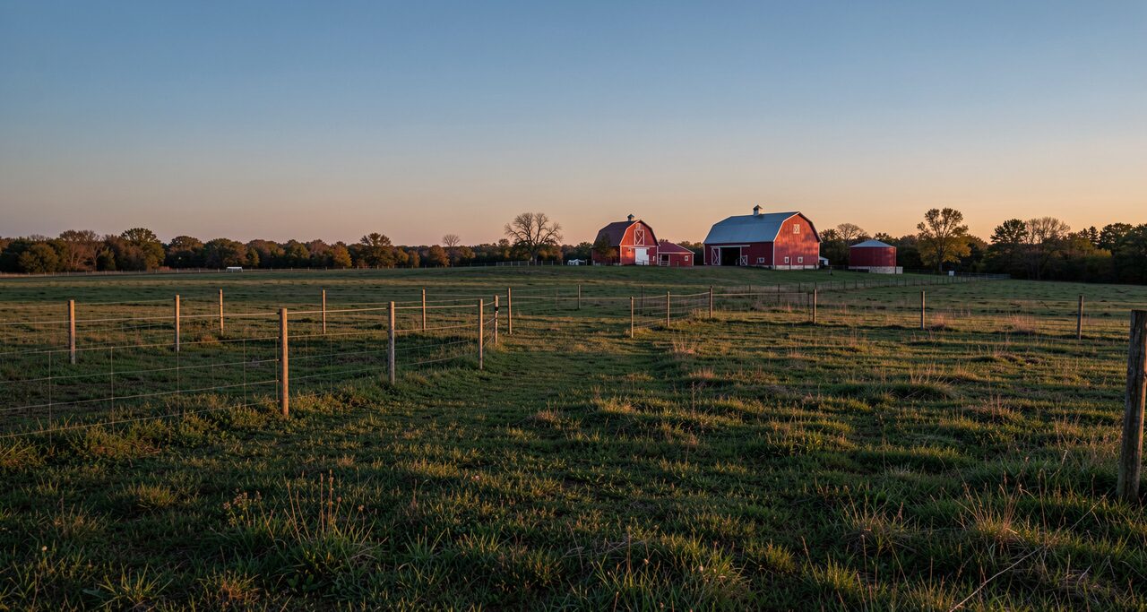 A Wisconsin pasture at dusk, wire fence, a red barn in the distance, and the sense that something was here and left.