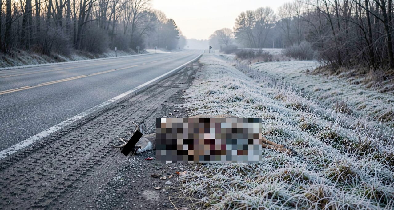 A partially eaten deer carcass on a frosted road shoulder, clinical morning light. The most consistent piece of evidence is the meal, not the diner.
