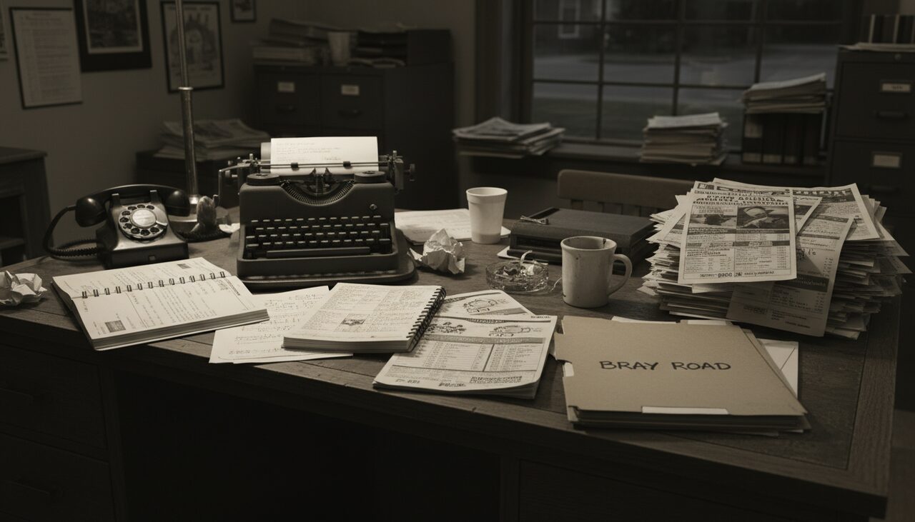 A reporter's desk: notebooks, a rotary phone, a manual typewriter, and a folder labeled "Bray Road" on a stack of farm auction listings.
