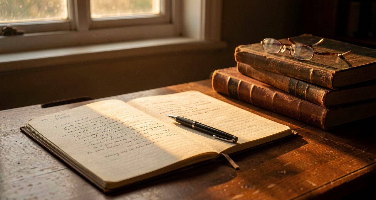 A desk at golden hour, an open notebook, worn books, folded reading glasses. Thirty years on one question.