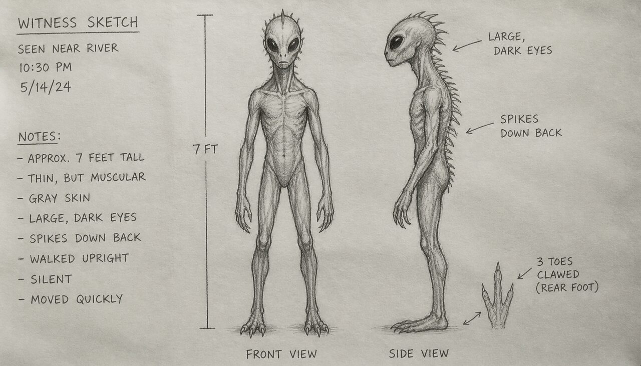A witness sketch: upright, gray, spined. About four feet of something that should not exist.