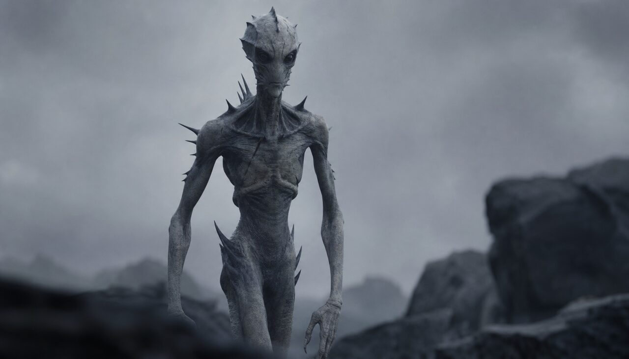 A lean gray biped with spines and black wraparound eyes. The film, not the road.
