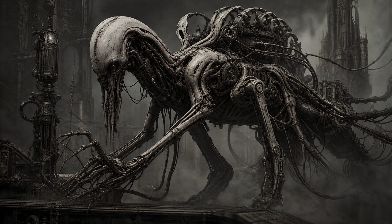 Giger-adjacent concept work: biomechanical, deliberate, and entirely man-made.