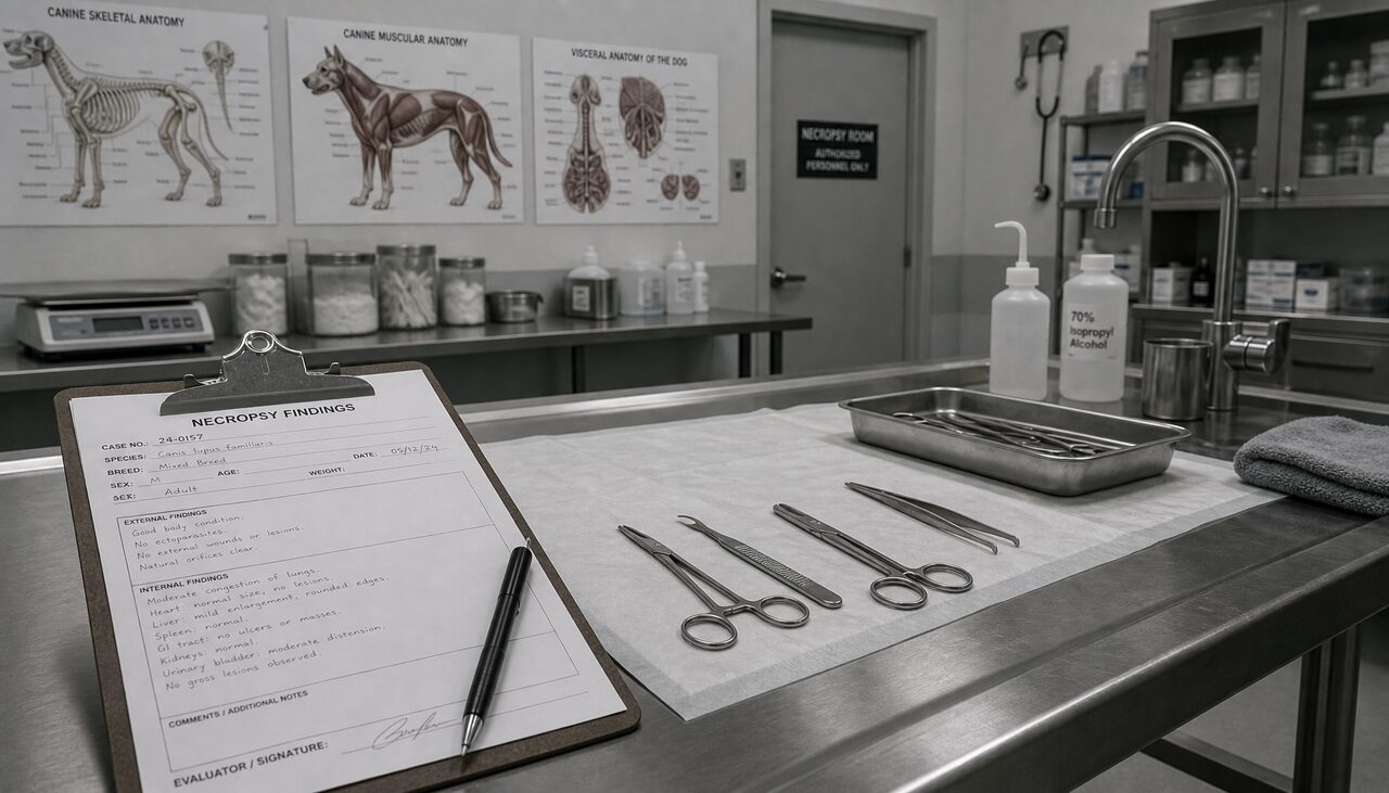 A necropsy clipboard. The single most important detail in the case, written in a vet's hand.