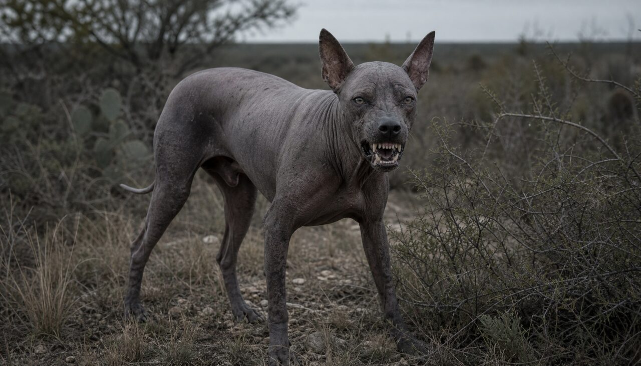 A hairless, fanged canine in the Texas brush. Real, photographable, and testable.