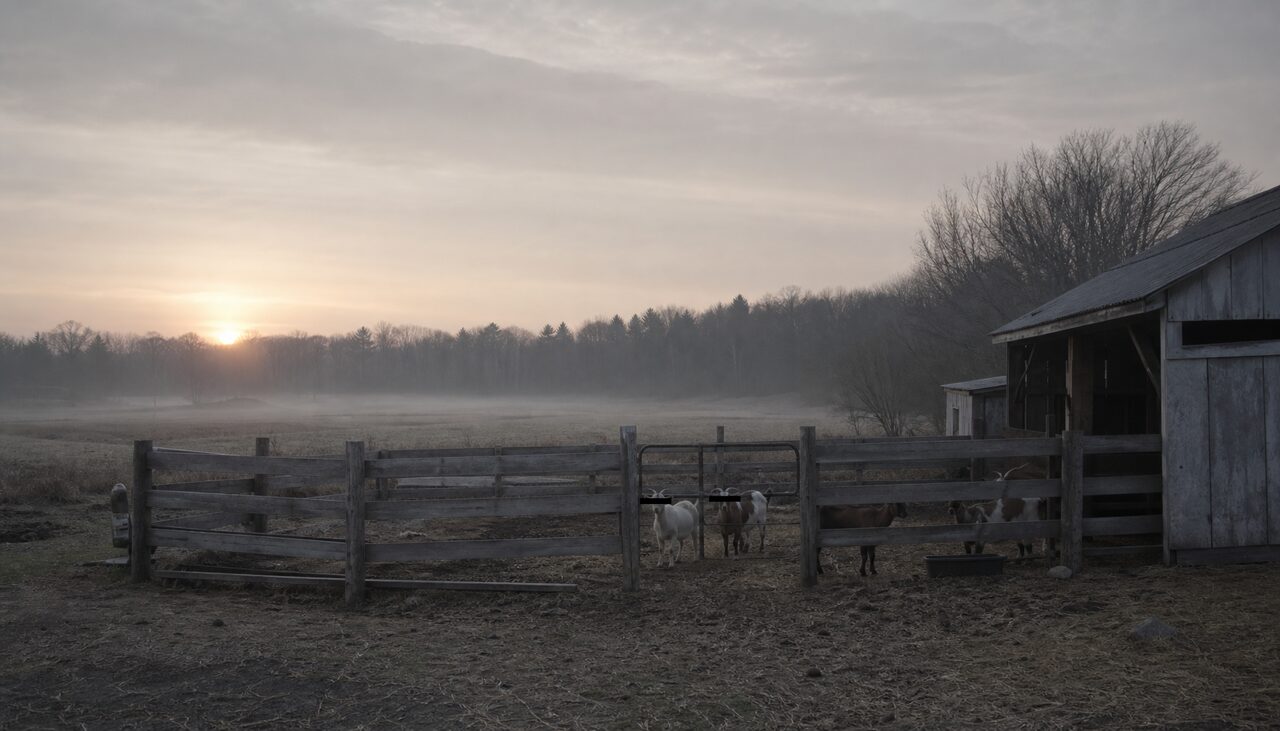 A quiet farm at dawn. The goats were killed by something ordinary.