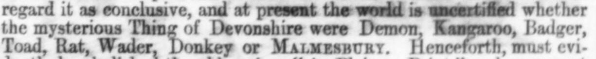 Punch totting up the field, in a clipping from March 1855: whether the mysterious Thing of Devonshire were Demon, Kangaroo, Badger, Toad, Rat, Wader, Donkey or Malmesbury.