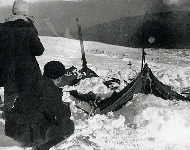 The tent as the searchers found it on February 26, half collapsed and drifted over.