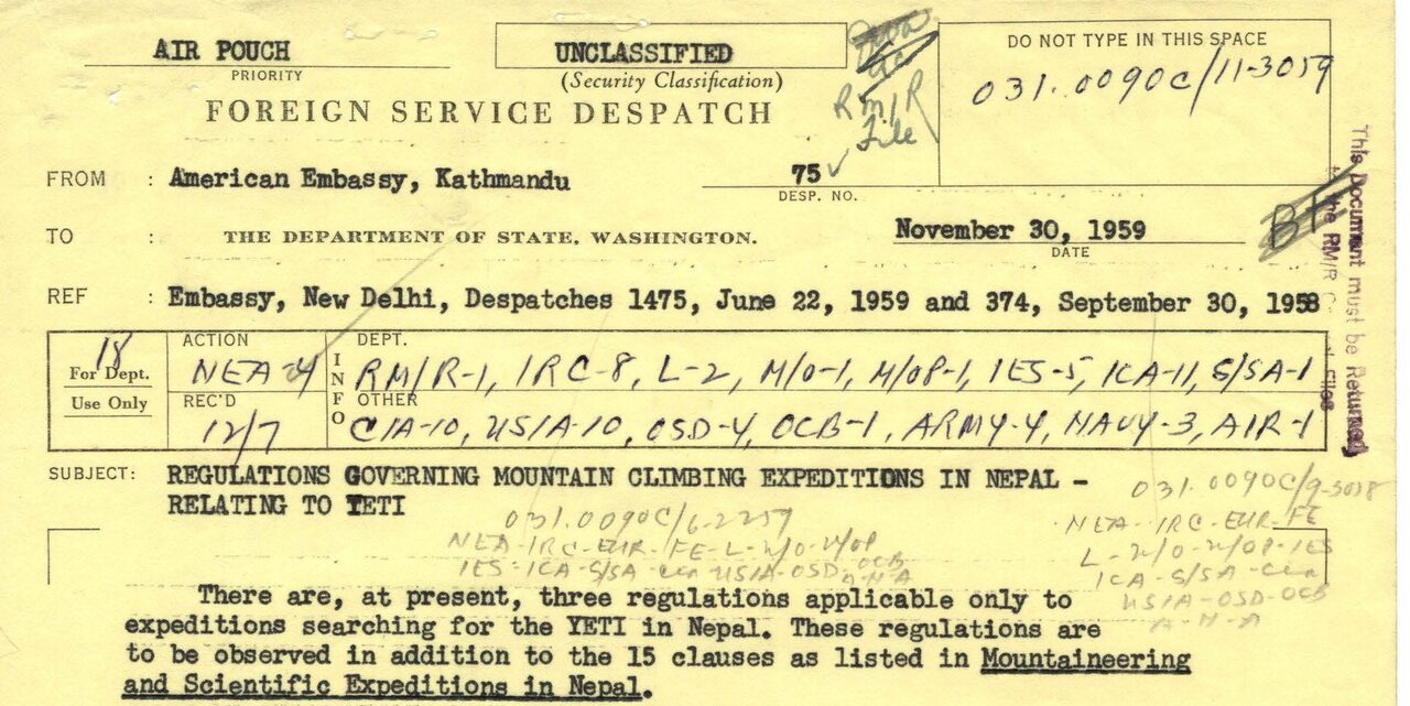 The same year, a continent away: a November 1959 US foreign service despatch from the embassy in Kathmandu, on the regulations governing expeditions searching for the yeti in Nepal. The document points to fifteen further clauses.