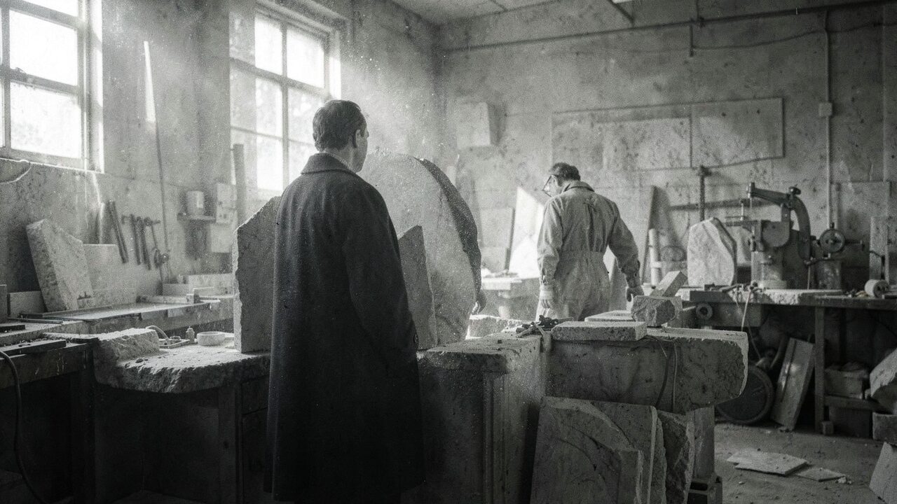 Elberton, 1979. A man in a plain dark overcoat describing alignment specs to a stone worker who had heard a lot of requests, but not this one.
