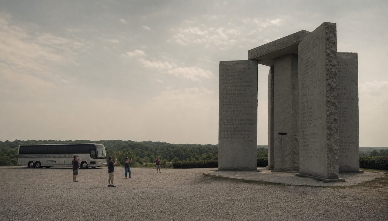 Visitors photographing the monument from the gravel pull-off. For twenty years, this was the whole story.
