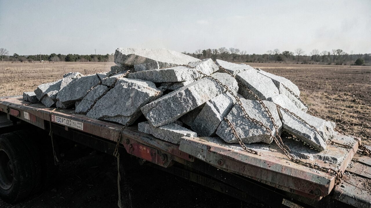 Broken slabs chained to a flatbed. The monument's last role was raw material.