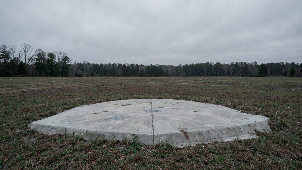 The swept foundation, anchor marks still visible. It was built for the end of the world and undone by a quiet Wednesday.