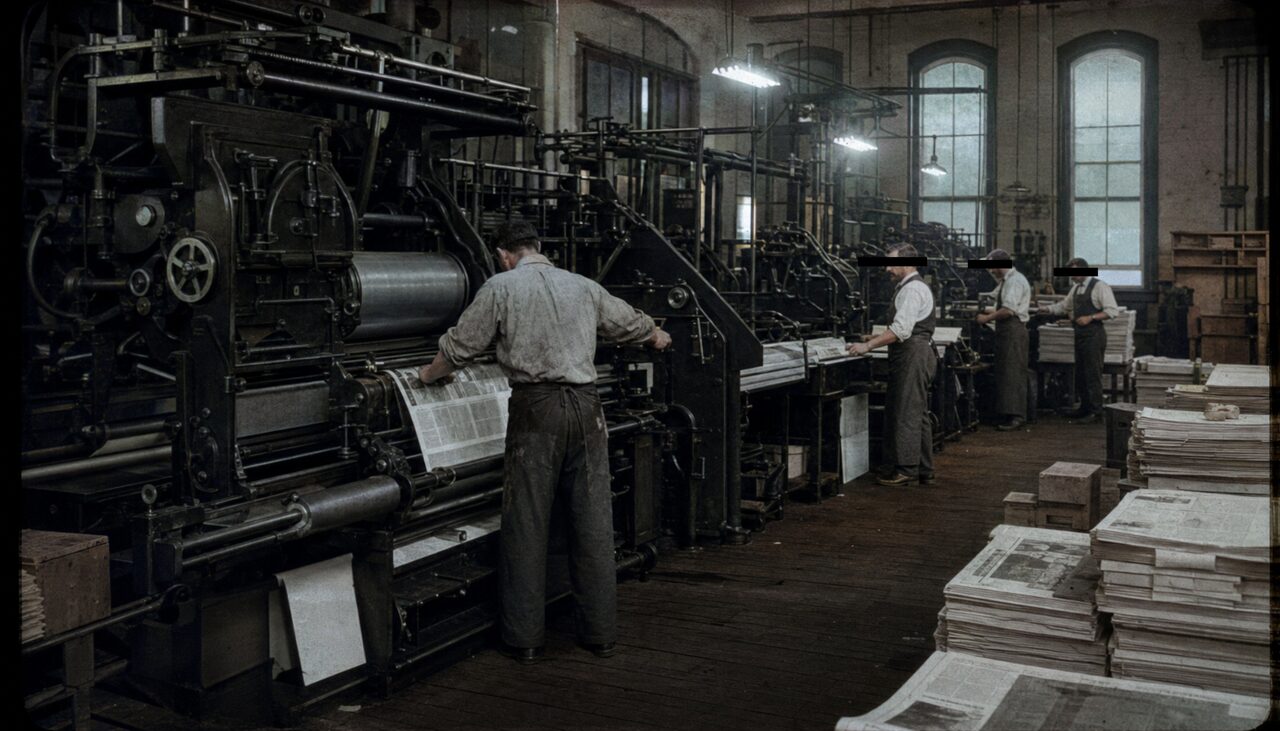 An 1876 printing room at full operation. The story ran from the local press up to the front page of the New York Times.