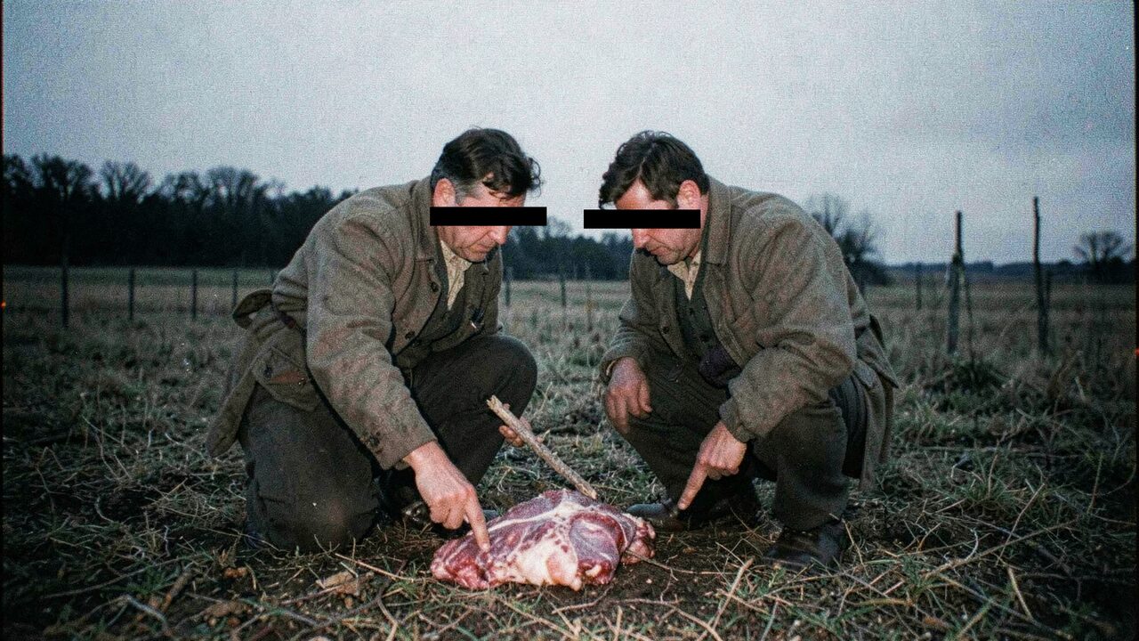 Two men crouched over a piece of sky-meat in an open field. Their methodology was to pick it up and eat it.